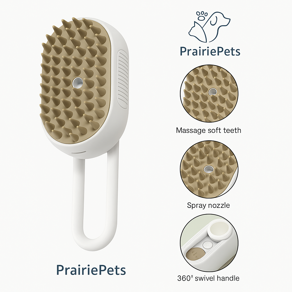 PrairiePets Spray Massage Brush – Folding Steam Comb for Bathing & Shedding