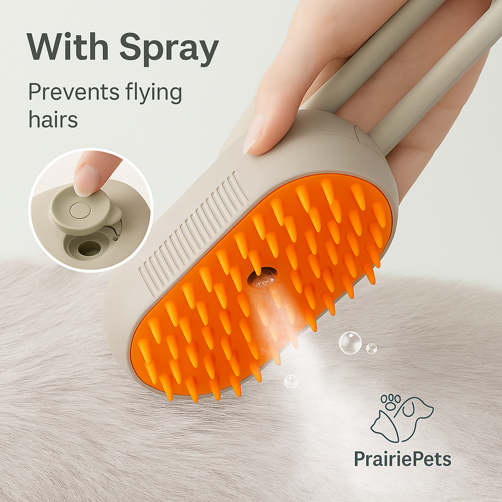 PrairiePets Spray Massage Brush – Folding Steam Comb for Bathing & Shedding