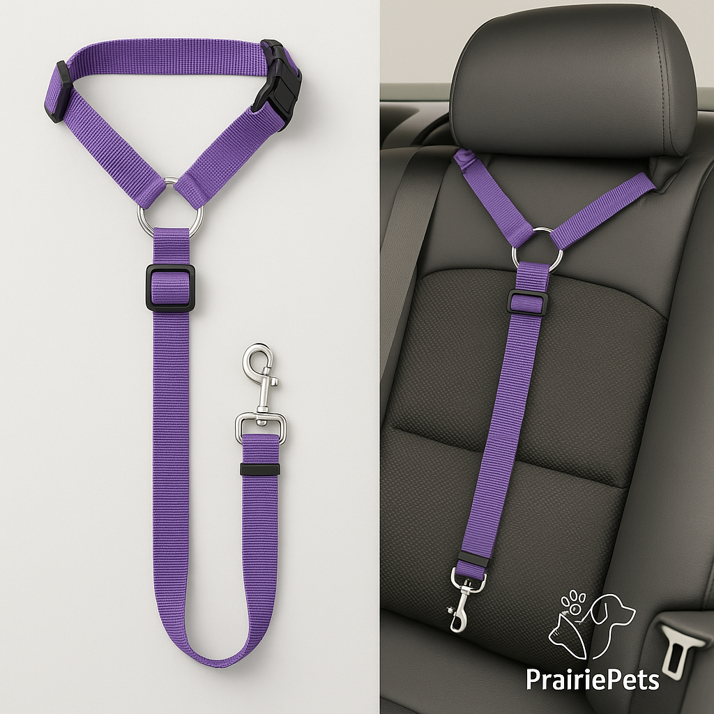 PrairiePets 2-in-1 Car Seat Belt & Leash – Adjustable Nylon Safety Restraint for Dogs