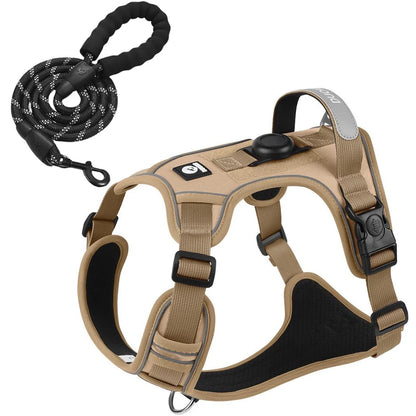 PrairiePets Reflective Dog Harness & Leash Set – No-Pull with Airtag Holder (For Medium & Large Dogs)